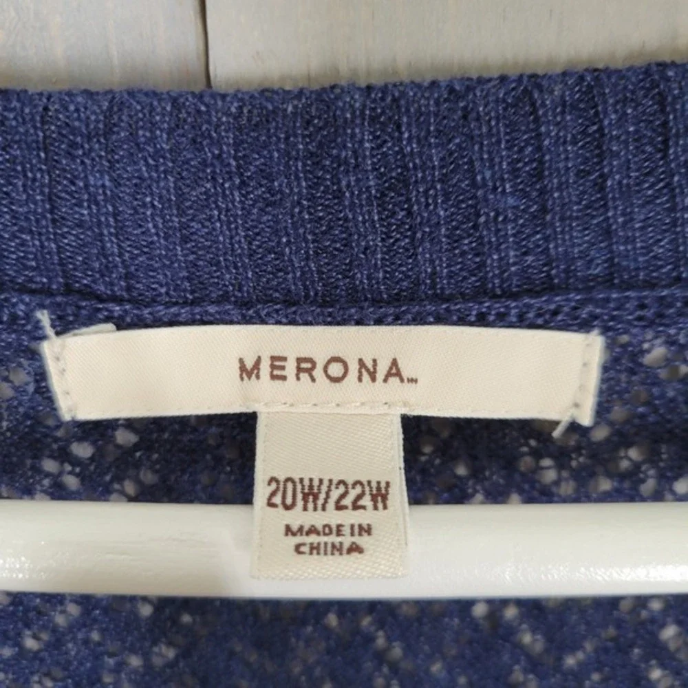 Merona Cardigan Sweater Women 20W/22W Navy Blue‎ Striped Pointelle Open Knit - Picture 9 of 10